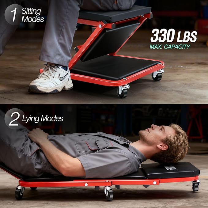 ‎DNA MOTORING TOOLS-00184 36 Inches 2 IN 1 Rolling Folding Car Creeper/Seat, 6 Pcs 2" Casters, 150kg Weight Capacity, Red