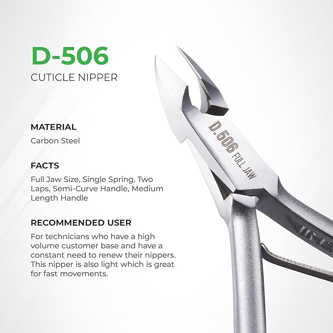 Premium Hard Steel Cuticle Nipper - D-506, Precision Nail Tech Nipper with Grey Plated Full Jaw and Single Spring