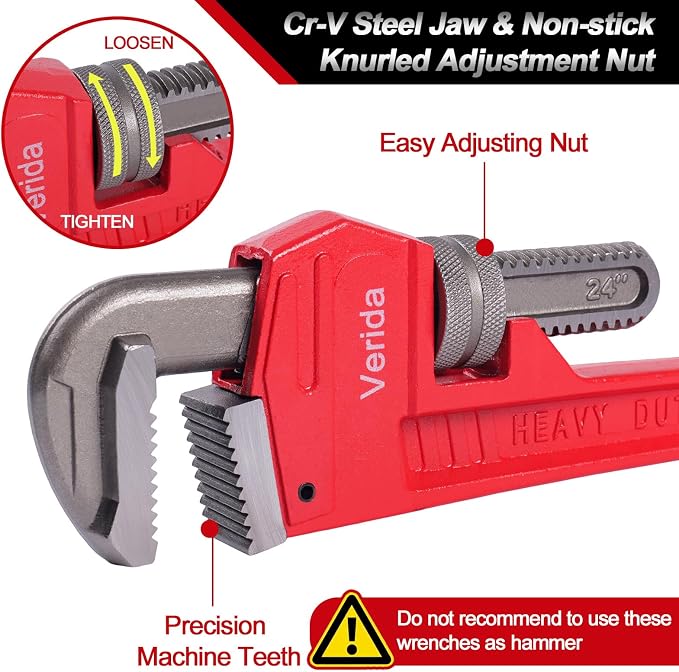Verida Pipe Wrench 24 Inch - Heavy Duty Plumbers Tool for Plumbing & Fire Protection Pipes, Chrome Vanadium Steel, Hardness 62HRC, Red