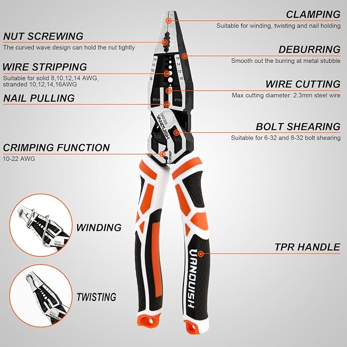 VANQUISH 10-in-1 Long Nose Pliers, 8‘’ Multipurpose Combination Pliers Wire Cutter/Crimper/Stripper, CRV Steel, Heavy Duty Side-Cutting Pliers for Crimping, Stripping, Shearing, Deburring, 3239