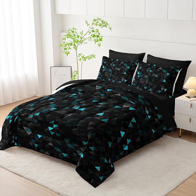 Nttopship Geometric Turquoise Black Triangle King Comforter Set, Light Honeycomb Bedding Set 7 Piece in A Bag,Bed Sheet Set Geometry Decor,Microfiber Lightweight All Season