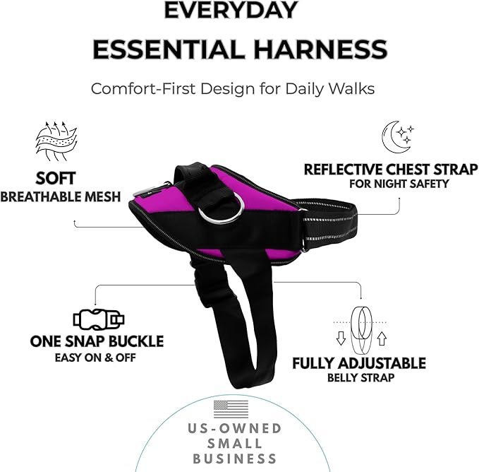 ShawnCo Essential Dog Harness, No-Pull Pet Vest (Orchid,M) | 3 Leash Clips, Easy On, No-Choke, Reflective, Adjustable Fit, Padded Comfort, Control Handle, For Small, Medium & Large Dogs