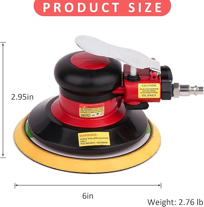 Professional Air Random Orbital Palm Sander, Dual Action Pneumatic Sander, Low Vibration, Heavy Duty … (6 inch)