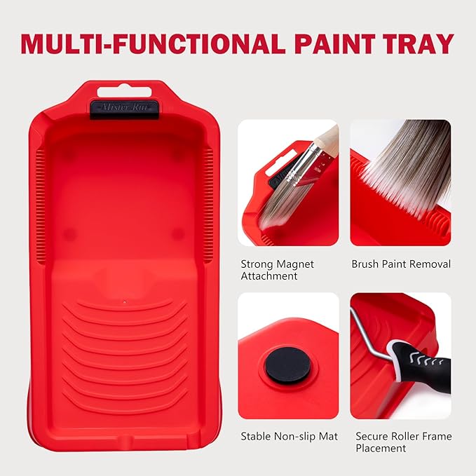 Mister Rui 11-Piece Foam Paint Roller Kit, 4-Inch Roller with Ergonomic Handle, Magnetic Paint Tray & Liners, High-Density Foam Covers with Brush, Painting Supplies for Walls, Cabinets, and Trim