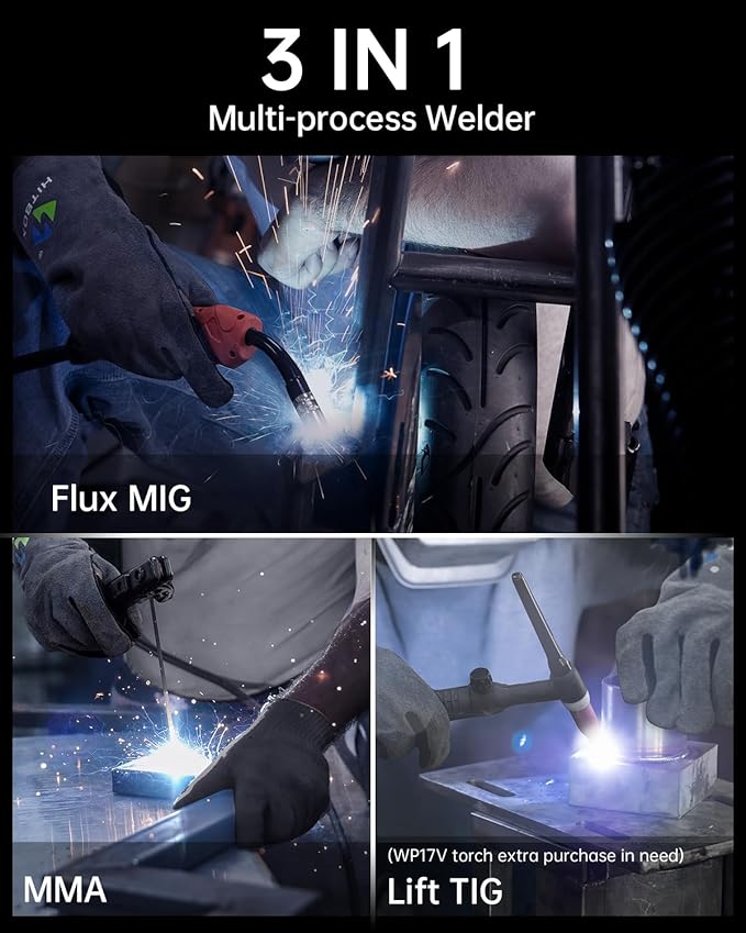 HITBOX 140A MIG Welder Gasless, 110V/220V Dual Voltage Flux Core Welder Flux MIG/Lift TIG/Stick 3 In 1 Synergy MIG Welding Machine With Torch Clamp and 0.8mm Flux Wire