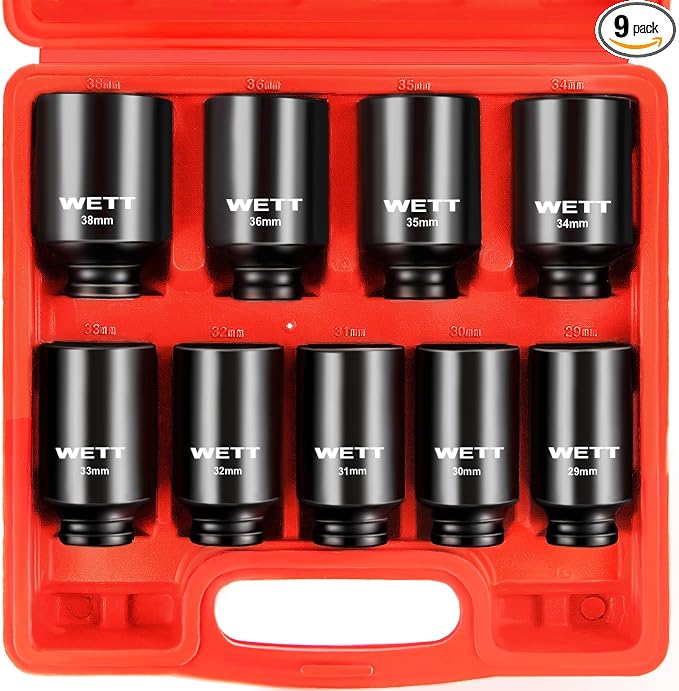 WETT 1/2" Drive Deep Large Impact Socket Set, 9-Piece Spindle Axle Nut Metric 6 Point Sockets Set, CR-V, 29mm-38mm