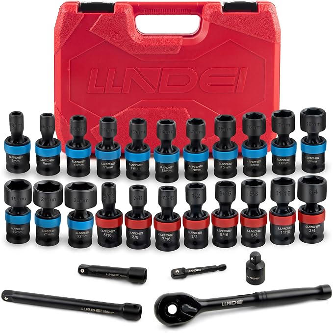 LLNDEI 27Pcs 3/8" Impact Swivel Socket Set, Metric & SAE(8-22mm, 5/16-3/4") | CR-MO, Drive Swivel Socket Set, 6 Point Wobble Socket Set with Ratchet Wrench, Extension Bar and Adapters.