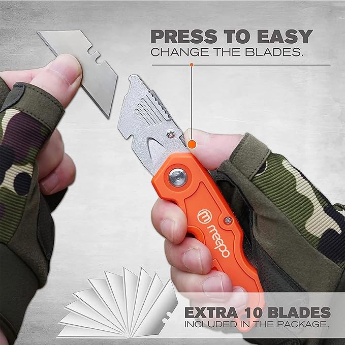 M MEEPO Box Cutter, 20-Pack Tough Folding Box Cutter Bulk for Heavy Duty Purpose, Razor Sharp Utility Knife Bulk, with Extra 50-Piece Blades, Can cut Drywall, Sheet Plastic, Linoleum, Boxes, Rope