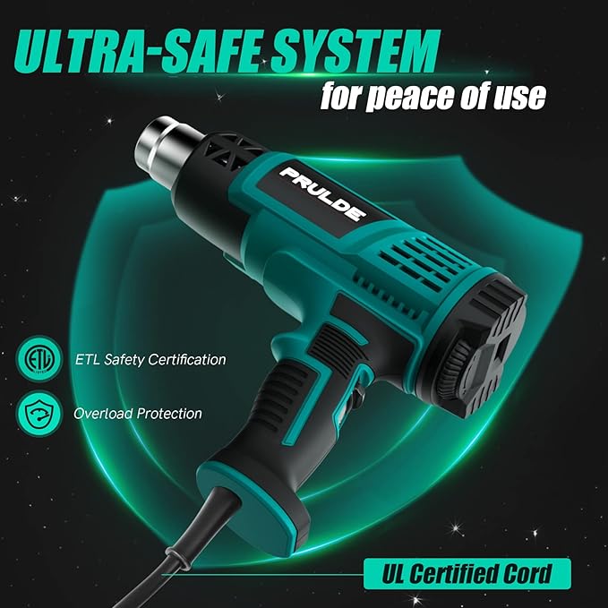 PRULDE Heat Gun - Variable Temperature Settings, Hot Air Gun with 6.56Ft UL Cord for Vinyl Wrap, Crafts, Shrink Tubing/Wrapping, Wire Connectors, Paint Removal HG0240-US
