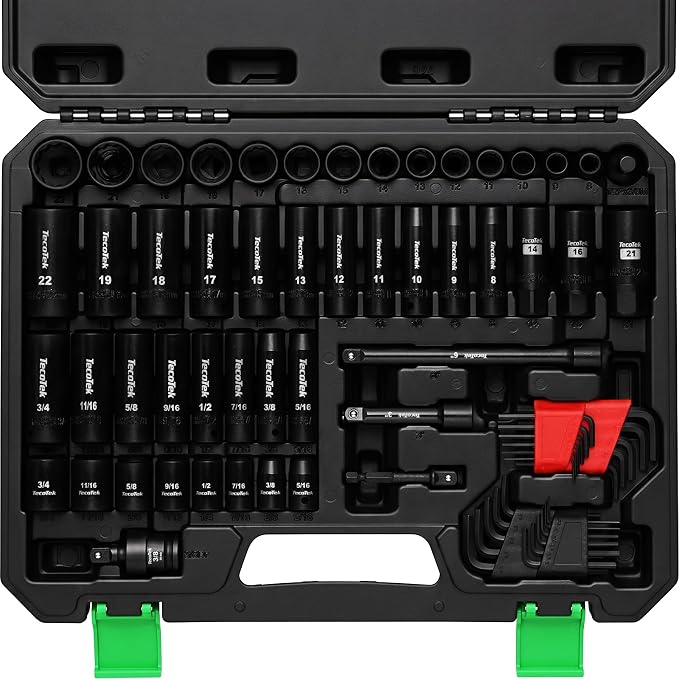 TecoTek 71PCS 3/8 Inch Drive 12 Point Socket Set, SAE(5/16-3/4in) and Metric(8-22mm), Deep & Shallow, CR-V with Drill Socket Adapter & Extension Bar 3/8 in, Hex Key Set