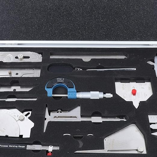 13 Pcs Welding Gauge Tool Kit Gage Weld Inspection Gauge with Easy Carry Suitcase, Stainless Steel Gage Weld Measuring Tools Box with 0-150mm Ruler, Fillet Welding Gauge, Micrometer, Inspection Mirror