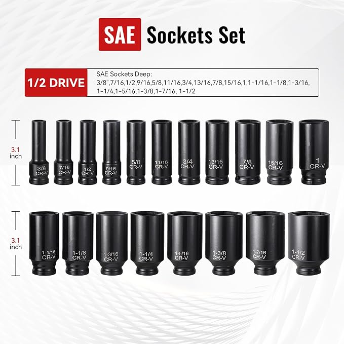 Reniteco 25-Piece 1/2" Drive Socket Set, SAE 3/8"-1-1/2", 6-Point, Cr-V | Deep Sockets, Extension Bars, 1/2"F-3/8"M & 3/8"F-1/2"M Reducers, Universal Joint, Ideal for Heavy-Duty Repairs