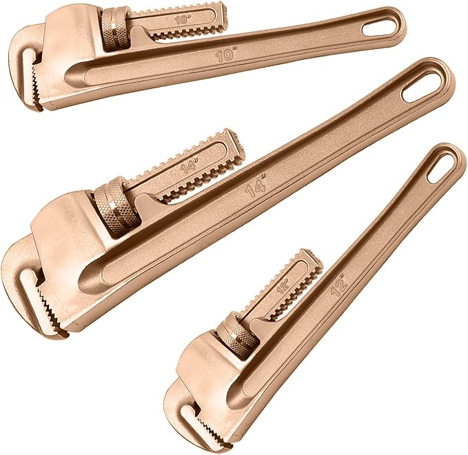 WEDO Non-Sparking Pipe Wrench Set,10" 12" 14",3PCS Spark-Free Straight Plumbing Wrench Set, No Spark Safety Adjustable Spanner, Beryllium Copper,Non-Magnetic,Corrosion Resistant,DIN/BAM/FM Standard