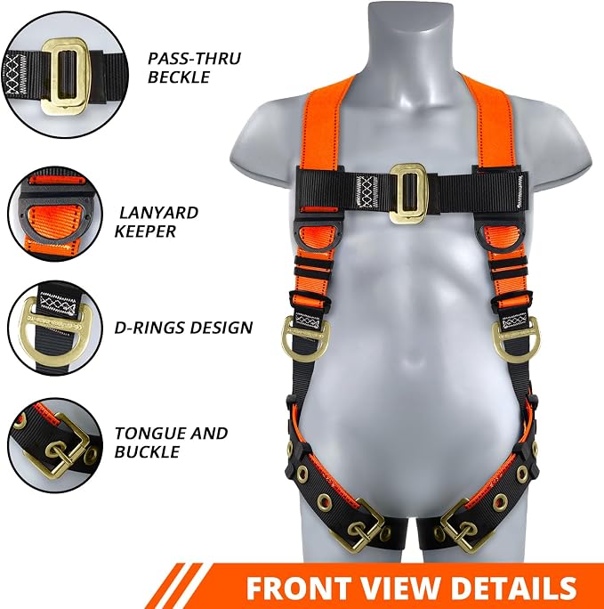 TRSMIMA Safety Harness Fall Protection - Safety Harnesses Construction Kit | Fall Arrest Full Body Safety Harness with Shock Absorbing Lanyard Tongue Buckle Orange