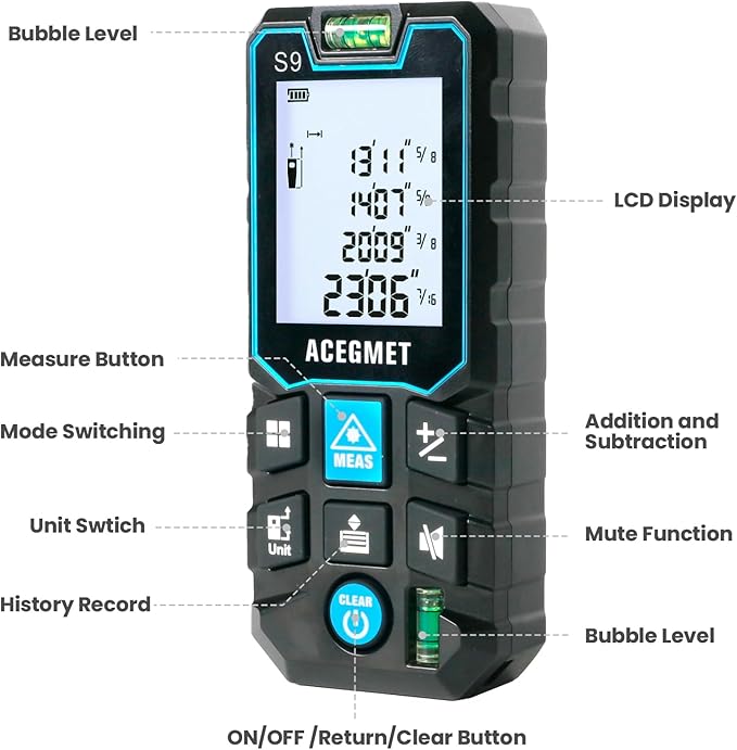 ACEGMET Laser Measure, 393ft/120m Laser Measurement Tool, Laser Measuring Tool with 2 Bubble Levels, LCD Backlit Display, IP54 Waterproof, Pythagorean Mode for Distance, Area, Volume