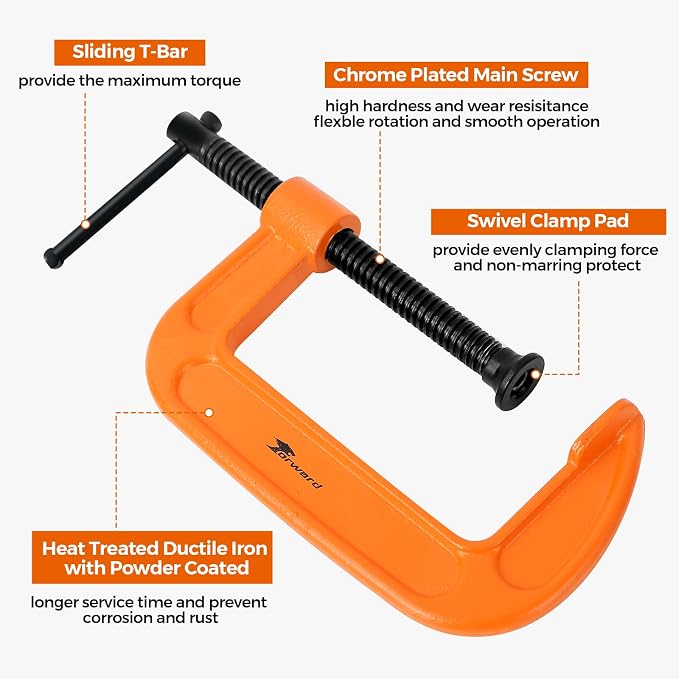 Forward C-Clamp 3 Piece Set 3in, 4in, 6in Heavy Duty Ductile Iron C Clamp Set Kit Jaw Opening Sliding T Bar Handle for DIY Carpentry Caliper Woodworking Welding Building(Orange)
