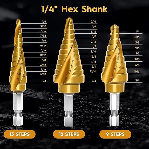 3PCS Titanium Step Drill Bit - 4241 HSS Step Bit with Two Spiral Grooved, 31 Sizes for Metal, Aluminum, Wood & Plastic, for Electricians & DIY with Portable Bag