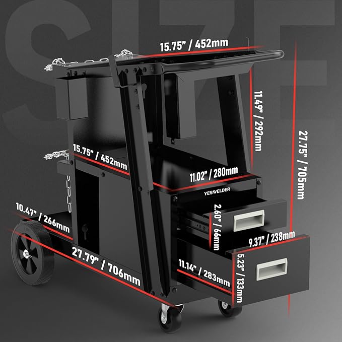 YESWELDER Welding Cart，2-Tier with 2 Drawers for MIG Welder TIG Welder and Plasma Cutter, Tank Storage Safety Chains, Heavy Duty Large Storage 360° Swivel Wheels Welding Trolley