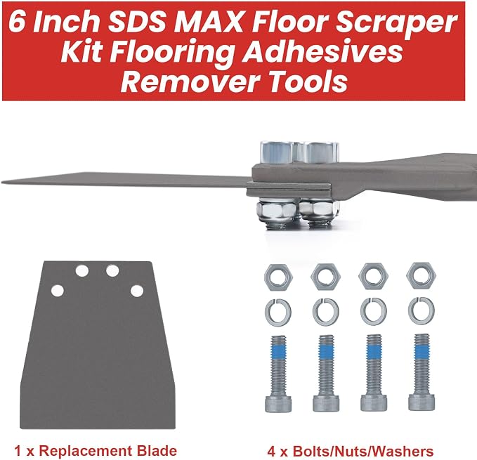 SDS Max Floor Scraper, TOOVEM 6 Inch Floor Scraper SDS Chisel Bits with Replacement Balde, SDS Max Chisel Long Handle Heavy Duty Thinset Removal Tile Adhesive Removal Tool for Rotary Hammer Drills