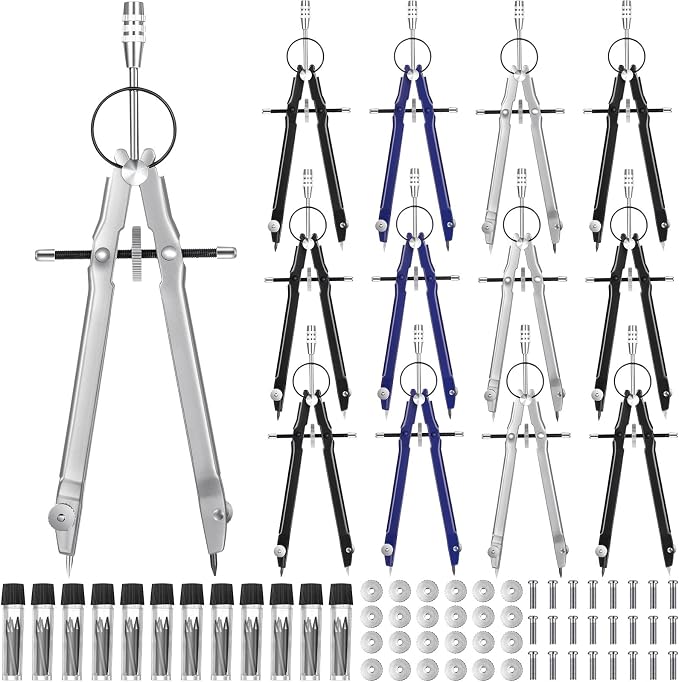 Zonon 60 Pcs Compass for Geometry Drawing Metal Compass with Extra Refills and Screws Circle Maker Back to School Circle Drawing Tool for Math Drafting Measuring Woodworking (Black,Blue,Sliver)
