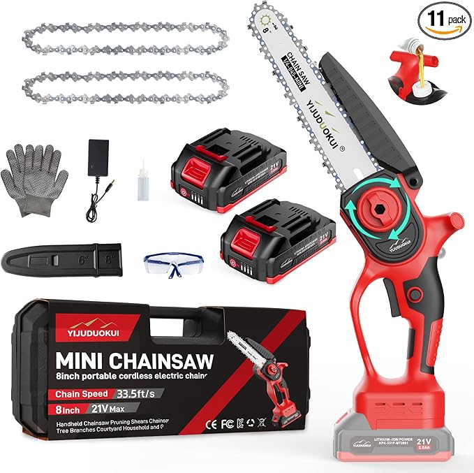 8" Brushless Mini Chainsaw with 2 Batteries | 8 Inch Cutting Bar Brushless Motor 2 Batteries Included Tool-Free Chain Tensioning Safety Lock and Guard