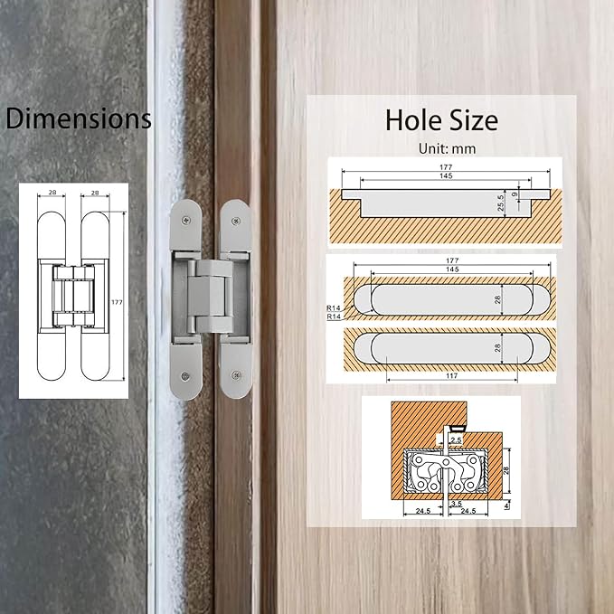 2-Pack 7 inch Silver Hidden Door Hinges,Heavy Duty Zinc Alloy Concealed Hinges, Invisible 180 Degree Swing Hinge, 3 Way Adjustable Butt Hinge