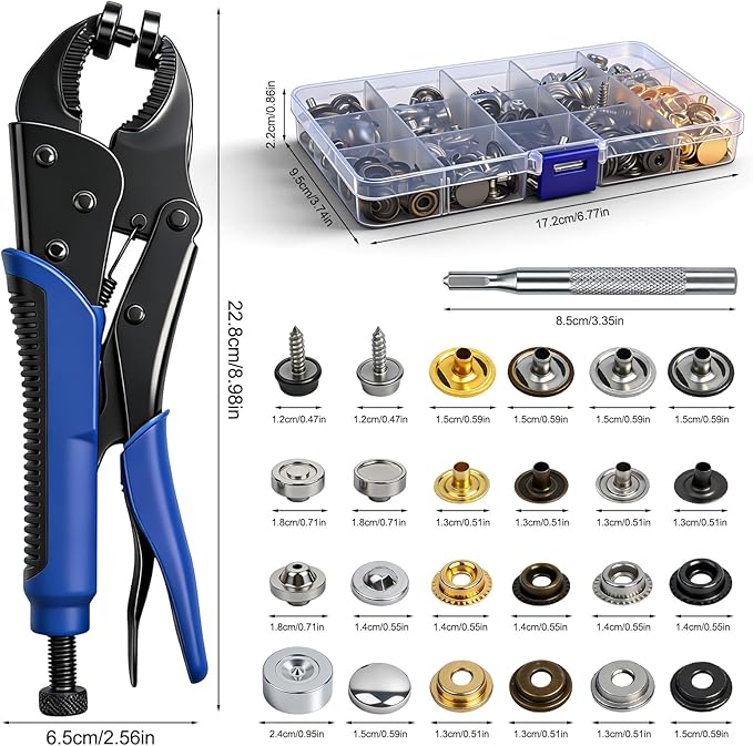 Heavy Duty Snap Fastener Tool Kit with 5 Dies and 15mm Metal Snaps, 266 PCS 4 Color Stainless Steel Snap Tool Set, All-in-One Fastener Repair for Boat Covers, Awnings, Denim, Leather, Canvas
