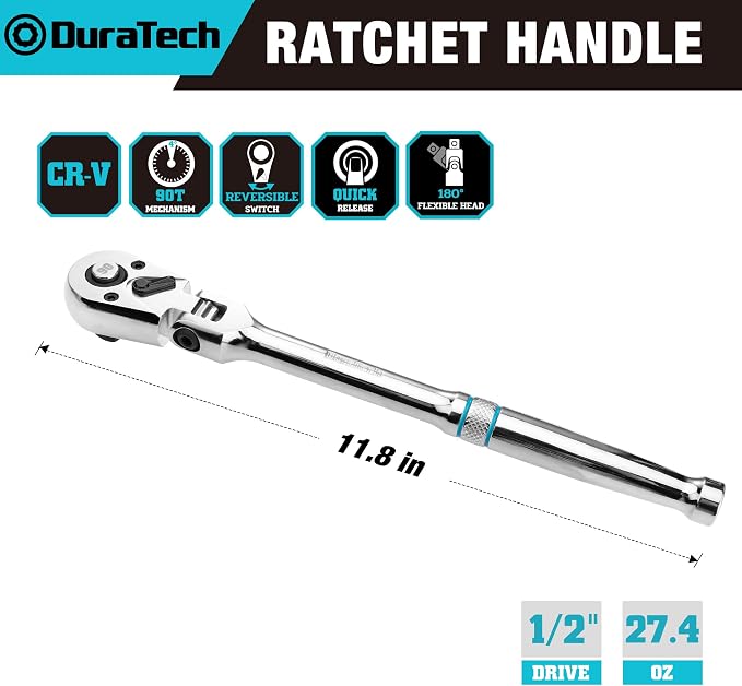 DURATECH 1/2-Inch Flex-Head Ratchet, 90-Tooth Quick-Release Ratchet Wrench | Socket Wrench with 180° Pivoting Head and 7-Position Setting, Reversible, CR-V Made, CR-MO Head, 4° Swing, Full Polished