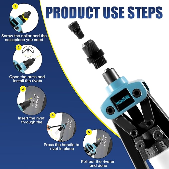 13" Rivet Gun, 1/4 Pop Rivet Gun with 100 Pcs Rivets, Manual Hand Heavy Duty Riveter with 5 Nosepieces for Plastic Metal,Aluminum, Plastic, Tube Stock,Gutter & Automotive.