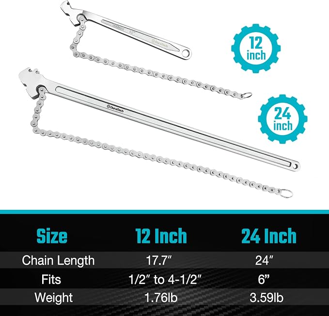 DURATECH 12-Inch Chain Filter Wrench, Oil Filter Tool fits 1/2" to 4-1/2" | Adjustable Removal Tool, Repair Plumbing
