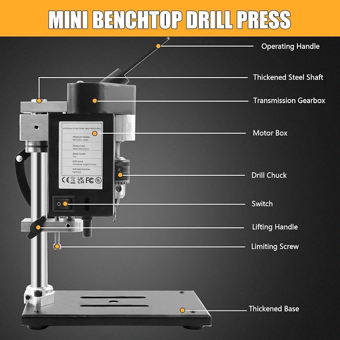 200W Portable Mini Drill Press, 8500RPM Benchtop Drill Press, 7-Speed Adjustable, Equipped with Flexible Shaft, Used for Grinding, Polishing, Cutting