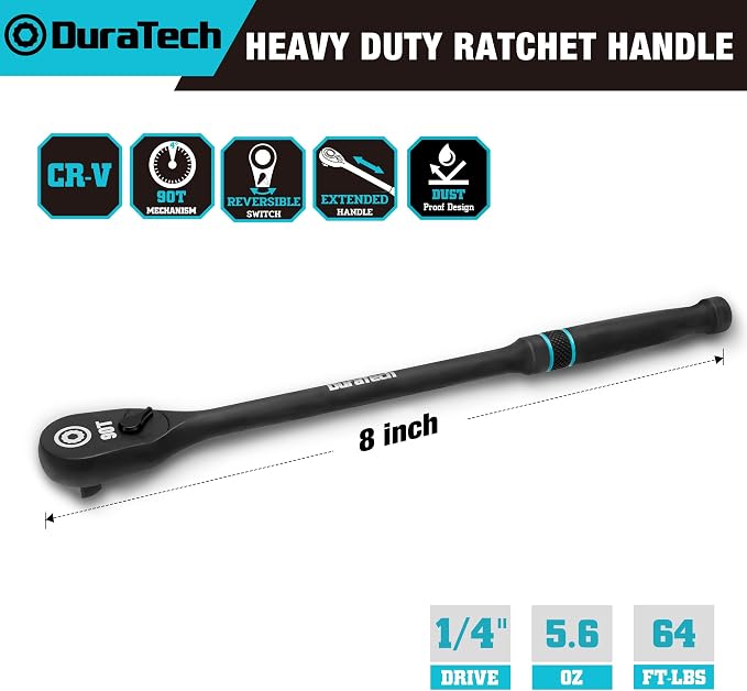 DURATECH Extra Long Handle 1/4-Inch Drive Ratchet, 90-Tooth Ratchet Wrench | Socket Wrench with 8" Handle and Dust Proof Teardrop Enclosed CR-MO Head, Reversible, CR-V Made, Black Mn Phosphate Finish