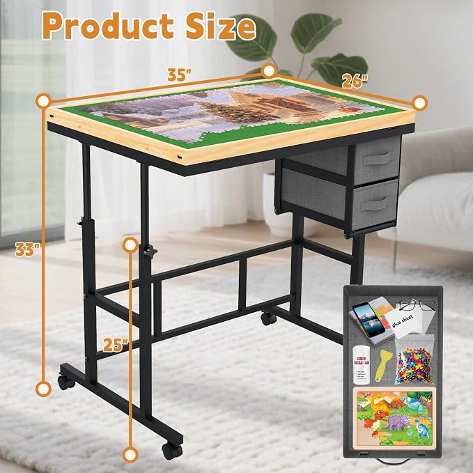 Jigsaw Puzzle Table with Drawers × 6,1500pcs Adjustable Height and Five up Angles Puzzle Tables for Adults with Drawers,Cover,Wheels for Indoor Game in Winter(Green)