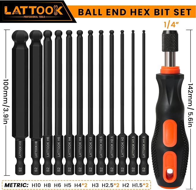 Metric Ball End Hex Bit Set with Quick Change Bit Driver | LATTOOK 12PCS Ball End Hex Head Allen Wrench Drill Bit Set, Allen Key Drill Bit Set, Magnetic S2 Steel, 4'' Long