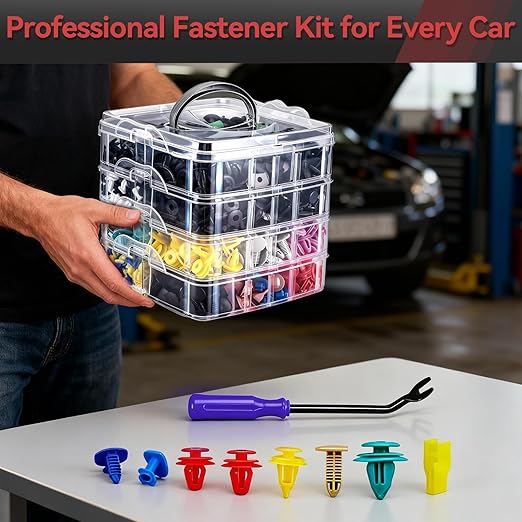1240PCS Auto Retainer Clips Kit with Trim Removal Tools and 3-Layer Organizer Box, 32 Sizes Push Rivets Fasteners for Car Bumper, Fender, Door Panel and Interior Repair