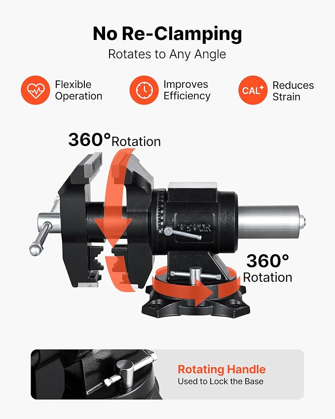 VEVOR Heavy Duty Bench Vise, 5.5" Jaw Width, Double Swivel Rotating Multi-Purpose Bench Vise, with 360° Locking Swivel Base and Head, 2.76" Throat Depth, 5" Max Jaw Opening, for Drilling Pipe Cutting
