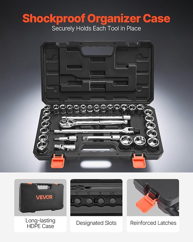 VEVOR Socket Set, 33 Pieces, 1/2 inch Drive Socket and Ratchet Set, SAE and Metric, Mechanic Tool Kit with Ratchet Wrench, Extension Bar and Storage Case, CR-V Alloy Steel, for Automotive Repair | SAE and Metric, Mechanic Tool Set with Ratchet Wrench, ...
