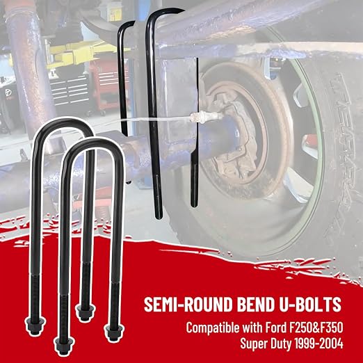 4pcs Semi-Round Bend Front U-Bolts Compatible with Ford F250 F350 Super Duty 4WD 1999-2004 12.5" Long x 3" Wide x 9/16" Threads with Hardware
