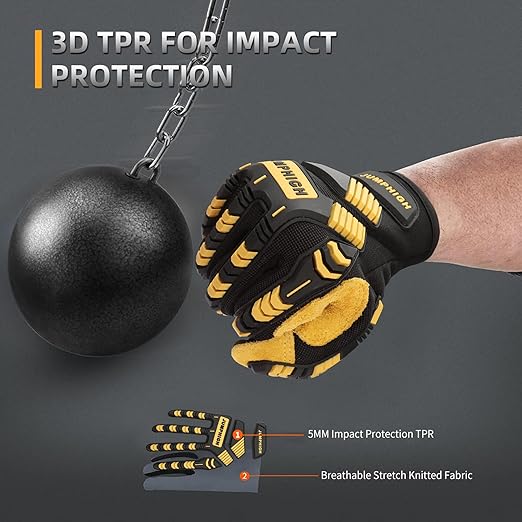Work Gloves for Men, Heavy Ducty TPR Protector Impact Gloves, Anti Vibration, Abrasion Resistance, Flex Grip, Touch Screen (M)