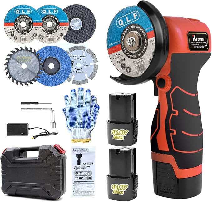 ZFULVO Cordless Brush Angle Grinder Kit, 19500rpm Mini Electric Angle Grinding Tool with 2pcs 16.8V 2000mAh Batteries and 6-Cutting Discs, Grinder Handheld Cutter for Metal Wood