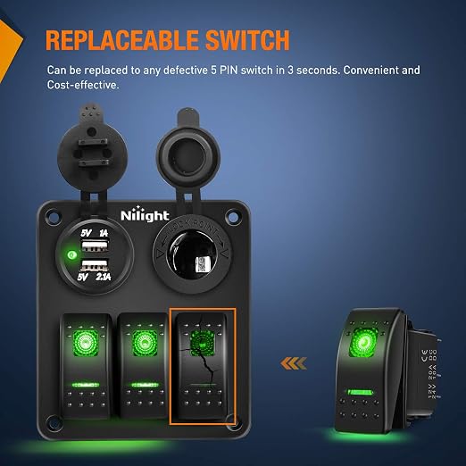 Nilight 6 Pack Rocker Switches with Night Glow Stickers 5 PIN SPST Rocker Switches with Green Backlit 12V/24V Toggle Switches for Cars Trucks RVs Boats Auto Motorcycles,2 Years Warranty