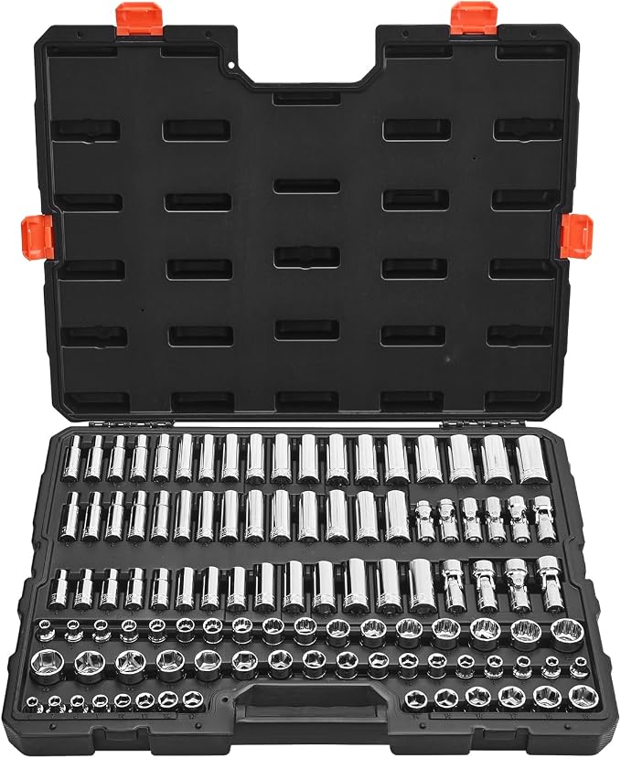 VEVOR Socket Set, 104 Pieces, 3/8 inch Drive Socket Tool Set, Metric Size from 6 to 24 mm, Deep and Standard, Mechanic Tool Kit with Storage Case, Chrome Plated CR-V Alloy Steel, for Automotive Repair | CR-V, Deep and Standard, Mechanic Tool Set for Au...
