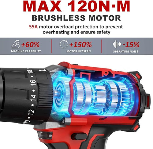 1060In·lbs Cordless Hammer Drill - 21V Brushless Power Drill Set with 2 × 4.0Ah Batteries, 20+3 Torque Settings, 2 Speeds, Fast Charger, 1/2" Metal Chuck for Lightweight-Concrete Wood Metal