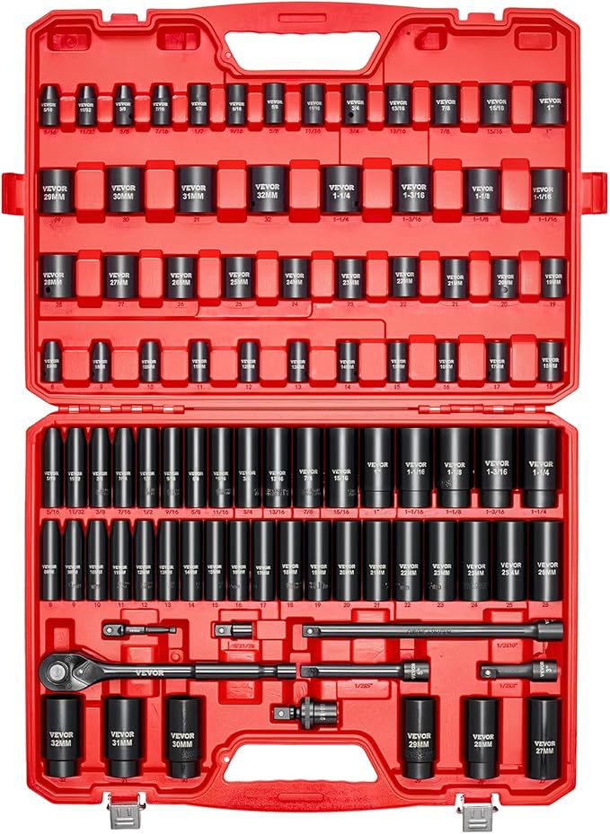 VEVOR 91-Piece 1/2" Drive Impact Socket Set, SAE (5/16" to 1-1/4") & Metric (8 to 32 mm), CR-V, Deep & Shallow, 6 Point, Ratchet Handle, Universal Joint, Adapters, Extension Bars (3, 5, 10 in)