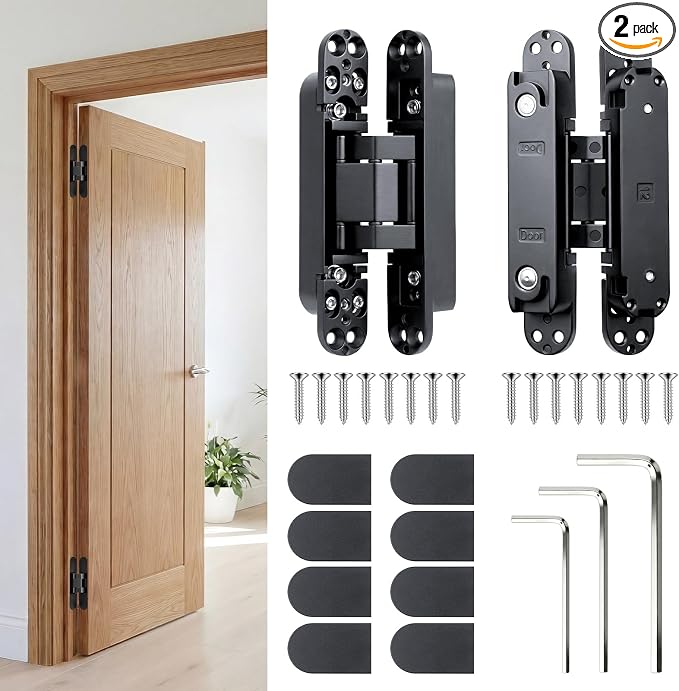 6" Hidden Door Hinges, Invisible Concealed Hinges, 180° Swing Adjustable Butt Hinge, Silent Operation, Ideal for Secret Rooms, Bookcase Doors & More (Black, 2 Pack)