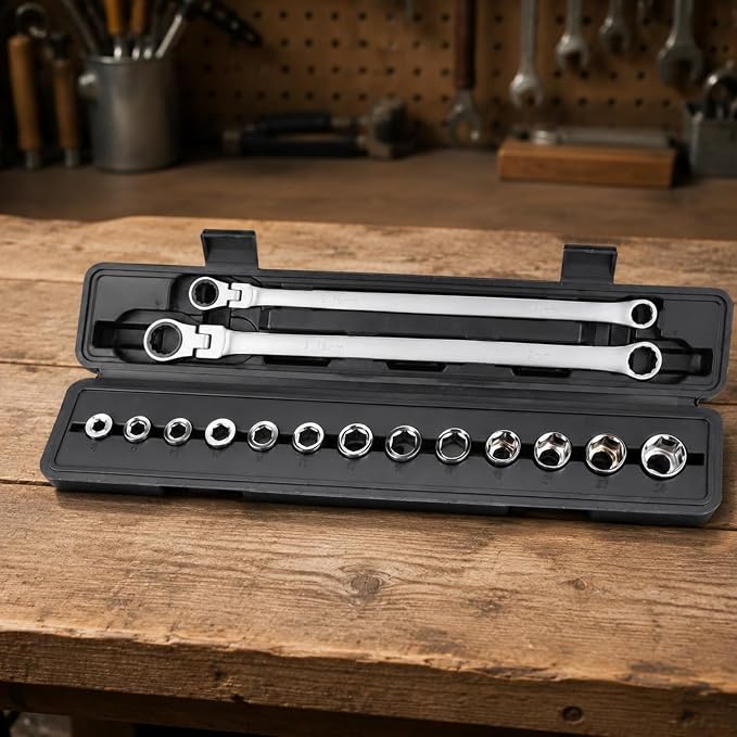 Ratchet Wrench Assembly Socket Set Tool Kit Hand Tools Tools Steel Resistant Finish Organized Case suitable for workshop tasks garage repairs daily, 15-Piece Flexible Head Ratchet Wrench Set