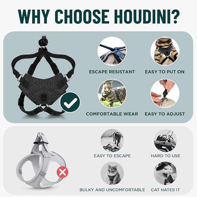 Houdini™ Escape Proof Cat Harness and Leash (Black, M/L) | Adjustable walking vest with 6ft lead, premium padded finish, snug secure fit, lightweight for travel and outdoor adventures