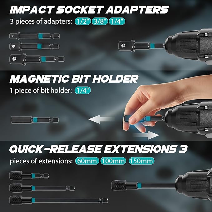 21-Piece Magnetic Nut Driver Set, Impact Drill Driver Bits with 1/4" Hex Shank, SAE & Metric Cr-V Steel Impact Nut Drivers, Quick-Release Bit Holder, and Storage Bag