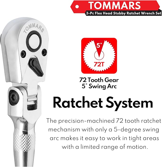 TOMMARS Flex-Head Stubby Ratchet Set, 1/4", 3/8", 1/2" Drive Flexible Mini Small Ratchet Handle Wrench 72-Tooth Quick-Release Reversible Gift for Men Mechanic Hand Tools