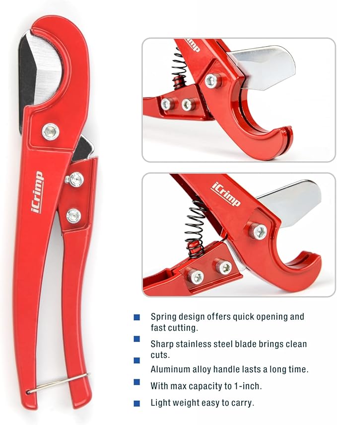 iCrimp PEX Pipe Quick Cinch Tool Set for Stainless Steel Clamp from 3/8-inch to 1-inch with Pex Cutter, 20pcs 1/2-inch and 10pcs 3/4-inch Stainless Steel Clamps included